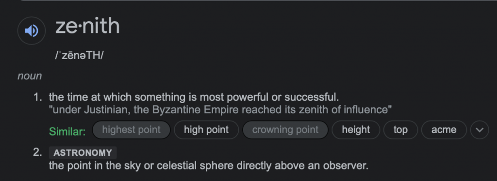 Zenith dictionary definition